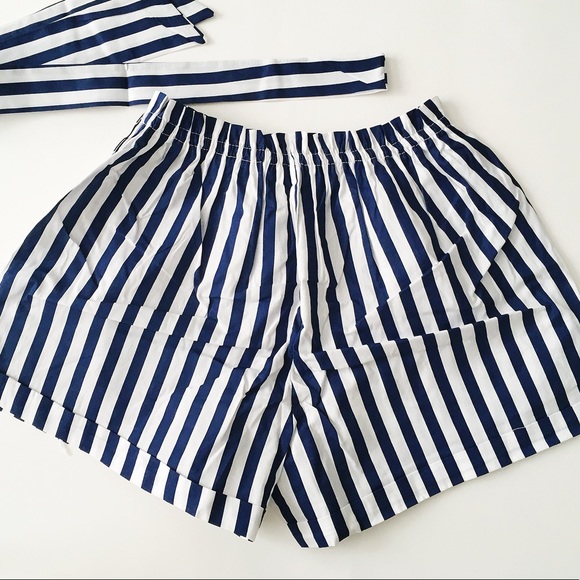 Pants - Blue and White Striped High Waisted Belted Shorts